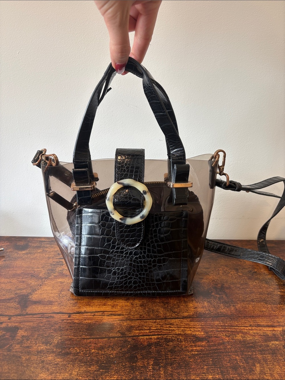 Topshop Clear Mini Tote Bag | Tortoise Ring Handles + Pouch + Strap